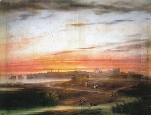 Travellers Before A Middle Eastern Coastal Town At Dusk thumbnail