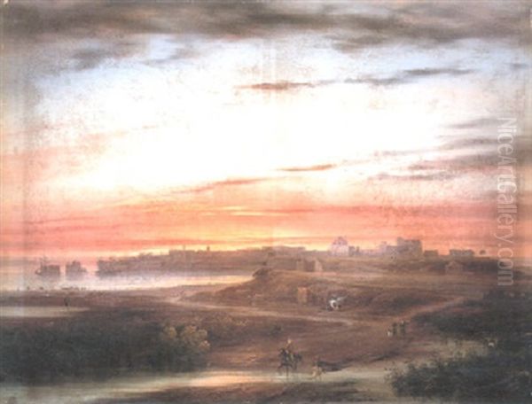 Travellers Before A Coastal Town - view 1