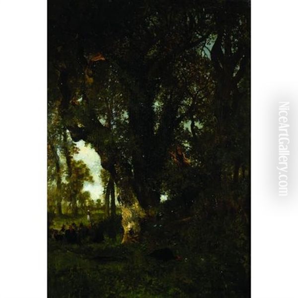 A Peasant Woman Herding Turkeys In A Wooded Setting - view 1
