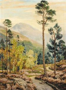Stag And Deer By A Highland Path, Mountains Beyond