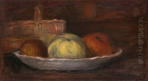 Blumenstrauss In Einer Metallvase Mit Blattdekor by Pierre Auguste Renoir