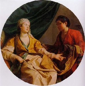 A Turkish Lady Examing A Length Of Embroidery Brought By A Servant by Antoine Renou