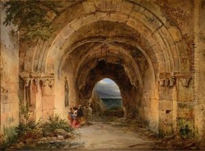 Pelerins En Priere Dans Les Ruines D'une Abbaye