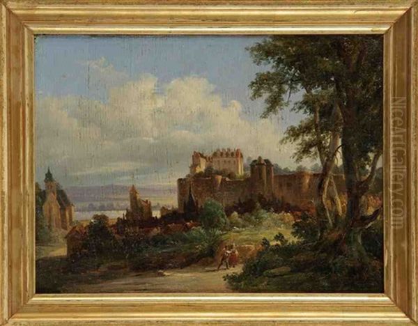 Promeneurs Dans Un Paysage De Collines Et Couple De Promeneurs Pres D'un Chateau (pair) - view 1