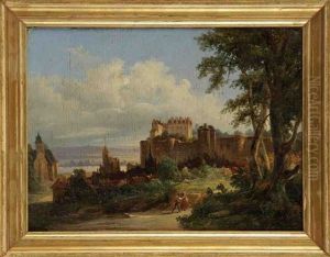 Promeneurs Dans Un Paysage De Collines Et Couple De Promeneurs Pres D'un Chateau (pair) by Charles Renoux