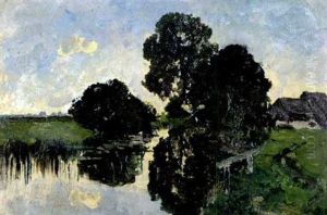 Baumgesaumter Fluslauf In Licht Der Abendsonne