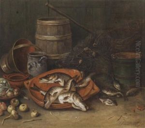 Stilleben Mit Fischen Und Gemuse In Tonschalen Vor Fischernetzen Und Kuchengerat by Jan Rentinck
