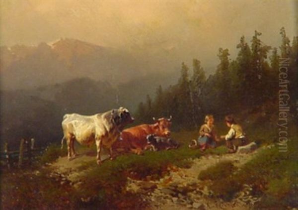 Vesperzeit. Hutejunge Und Dirndl Bei Vieh Auf Der Alm - view 1