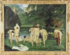 Gruppe Badender Am Bergsee