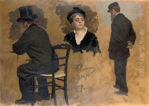 A Parisian Cafe : Arthur Meyer And A Female Head (study) by Repin Iliya