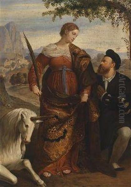 Saint Justina With The Unicorn And A Donor by Alessandro Bonvicino (Moretto da Brescia)