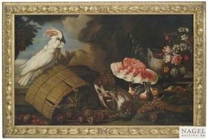 Stilleben Mit Blumen, Fruchten, Erlegtem Geflugel, Korb Und Kakadu Vor Landschaftshintergrund