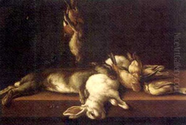 Two Dead Hares And Dead Songbirds On A Table - view 1