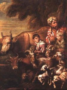 A Cowherd With His Two Sons And Livestock