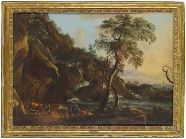 A Rocky River Landscape With Travellers Resting By A Waterfall - view 1