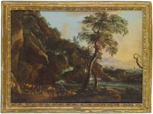 A Rocky River Landscape With Travellers Resting By A Waterfall