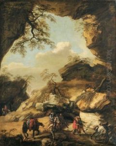 A Rocky Landscape With Soldiers by Pandolfo Reschi