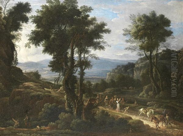 An Italianate Landscape With Huntsmen In The Foreground And A Procession Of Travellers On A Path Beyond - view 1