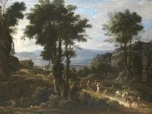 An Italianate Landscape With Huntsmen In The Foreground And A Procession Of Travellers On A Path Beyond by Pandolfo Reschi