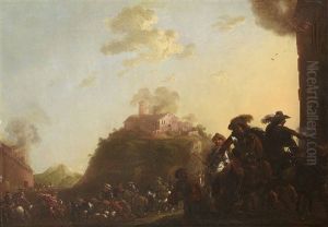 Village En Flammes; Choc De Cavalerie (pair) by Pandolfo Reschi