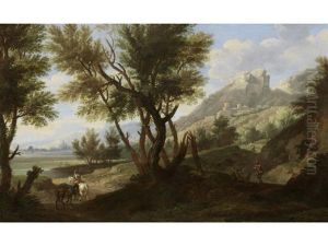 An Italianate Landscape With Travellers On A Country Path, A Hillside Town In The Distance by Pandolfo Reschi