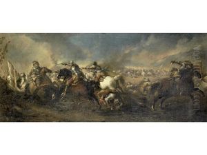 A Cavalry Skirmish Before A Montainous Landscape (+ A Cavalry Skirmish With A Town In The Distance; Pair) by Pandolfo Reschi