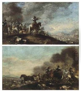 A Cavalry Troop On A Hilltop, A Fortified City Beyond (+ A Cavalry Skirmish; Pair)
