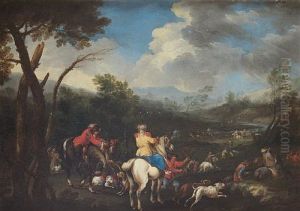 Elegant Figures Departing For The Hunt, Before An Open Landscape by Pandolfo Reschi