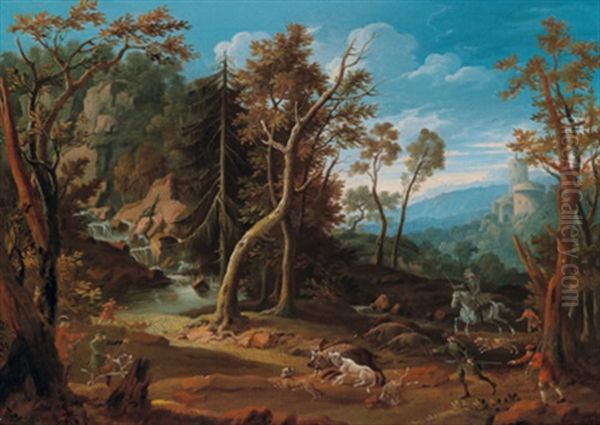 Eine Saujagd In Einer Bewaldeten Landschaft In Der Nahe Eines Wasserfalls - view 1