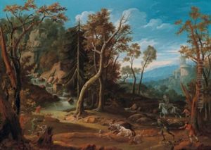 Eine Saujagd In Einer Bewaldeten Landschaft In Der Nahe Eines Wasserfalls