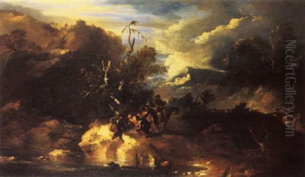 A Rocky Landscape With A Group Of Figures Playing Cards By A Stream - view 1