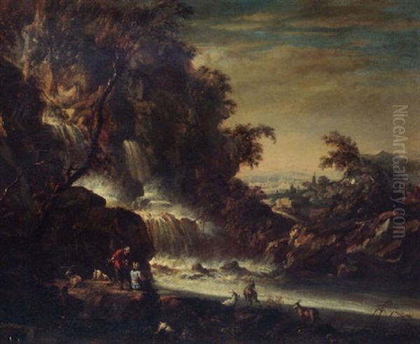 A River Landscape With Figures Tending Goats Before A Waterfall, A Town In The Distance - view 1