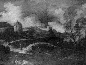 Figures In A Landscape Near Houses by Pandolfo Reschi