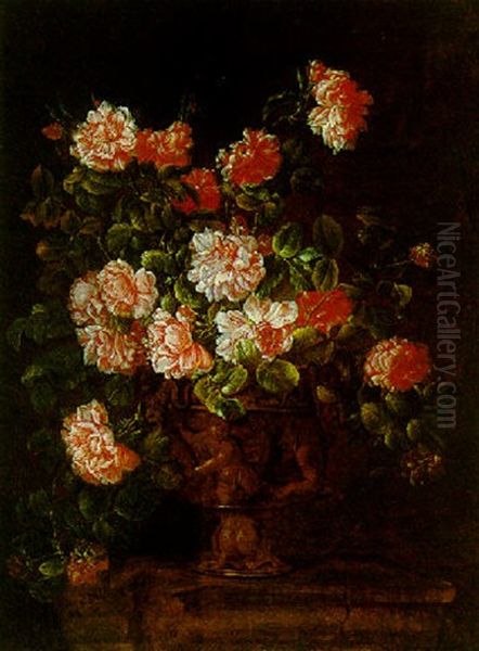 Still Life Of Roses In An Ormolu Vase With Putti, Resting Upon A Ledge - view 1