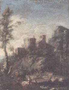 A Landscape With Ruins And Figures Resting By A Footbridge In The Foreground by Pandolfo Reschi