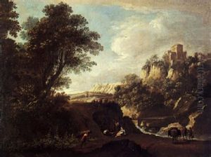 Paesaggio Con Casetta A Destra In Un'altura E Figure by Pandolfo Reschi