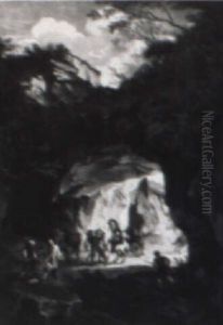 Rocky Landscape With Horsemen Being Ambushed By Bandits