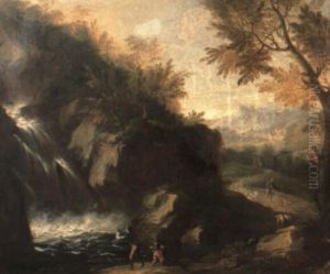 Arcadian Landscape With Figures Fishing Beside A Waterfall Arcadian Landscape With Figures Fishing Beside A Waterfall