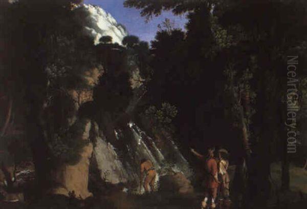 Woodland Scene With Soldiers Standing Before A Waterfall - view 1