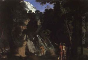 Woodland Scene With Soldiers Standing Before A Waterfall Woodland Scene With Soldiers Standing Before A Waterfall