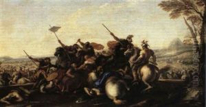 Soldiers Engaged In Fierce Battle Upon Hill Overlooking A   Valley Where Armies War by Pandolfo Reschi