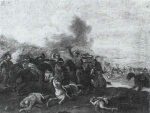 A Cavalry Engagement Upon A Hill Overlooking The Field Of Battle by Pandolfo Reschi