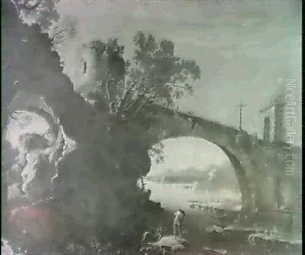 An Italiante River Landscape With S Bridge Over An Inlet Fishermen In The Foreground - view 1