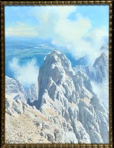 Hochgebirge Mit Personen Am Gipfel Und Blick Ins Tal