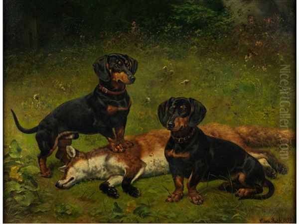 Zwei Dackel Mit Erlegtem Fuchs - view 1