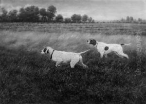 Jagdstuck. Zwei Vorstehhunde In Heidelandschaft