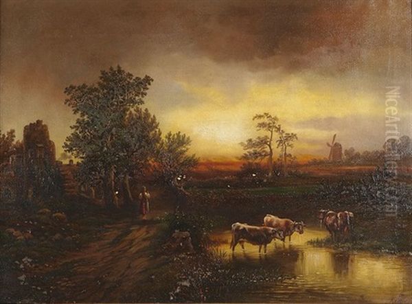 Niederlandische Flusslandschaft In Der Abenddammerung - view 1
