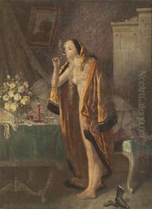Nattfjaril - Interior Med Rokande Kvinna by Heinrich Rettig