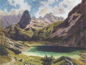 Alpelandskab Med Hojtliggende So I Bjergtindernes Skygge by Heinrich Rettig