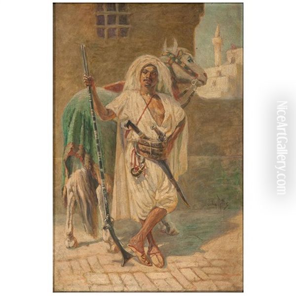Orientalist Scene With Man Holding A Rifle - view 1